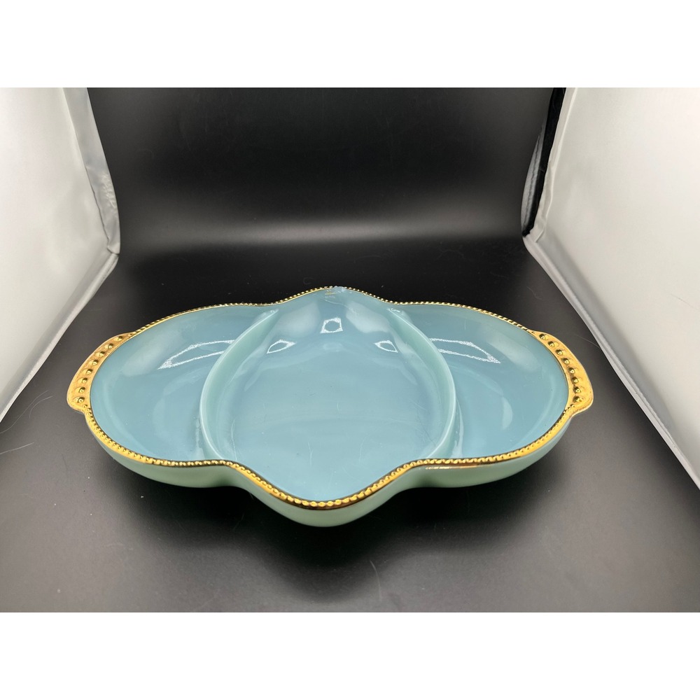Fire-King Divided Relish Dish Turquoise Blue Glass Gold Trim 11" MCM Anchor Hock